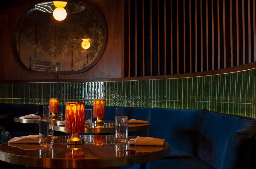 green tiles and banquettes