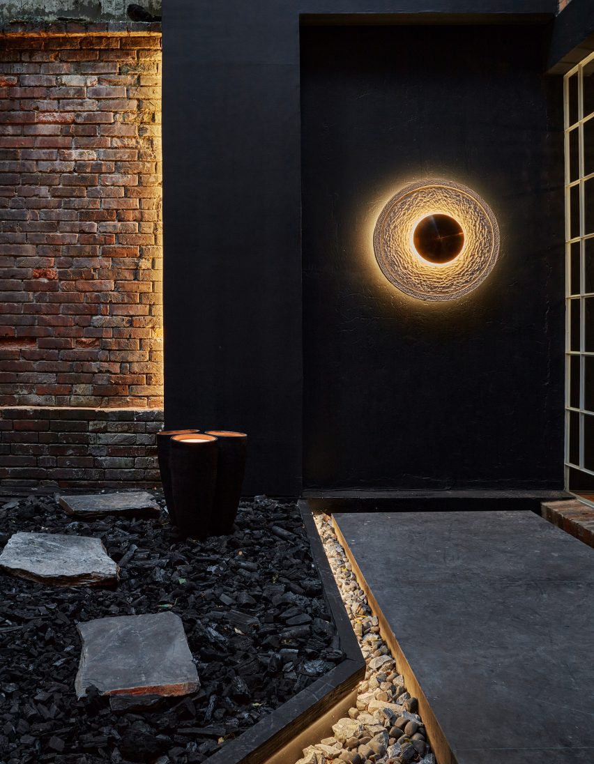 A patio with glowing light