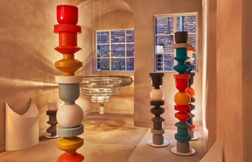 A room with wooden sculptures