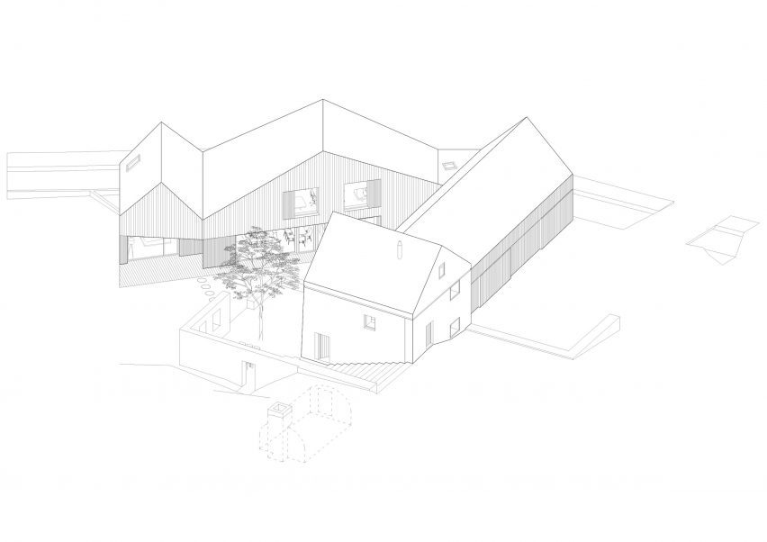 Axo of New House with Old Mill by RDTH Architekti