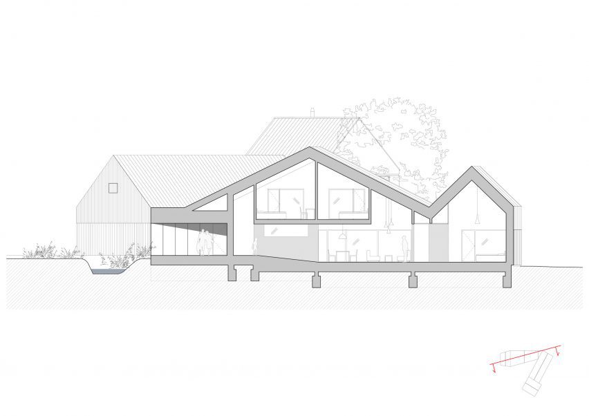 Section of New House with Old Mill by RDTH Architekti