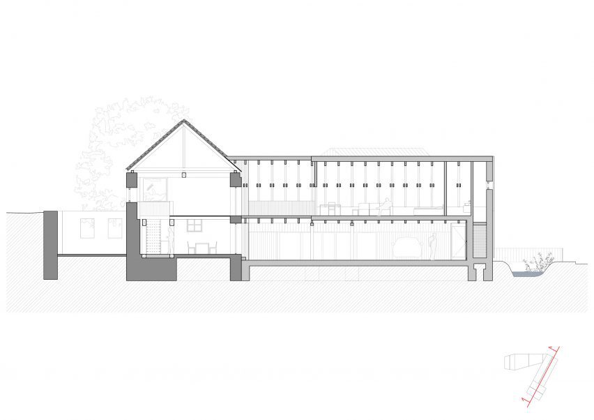 Section of New House with Old Mill by RDTH Architekti