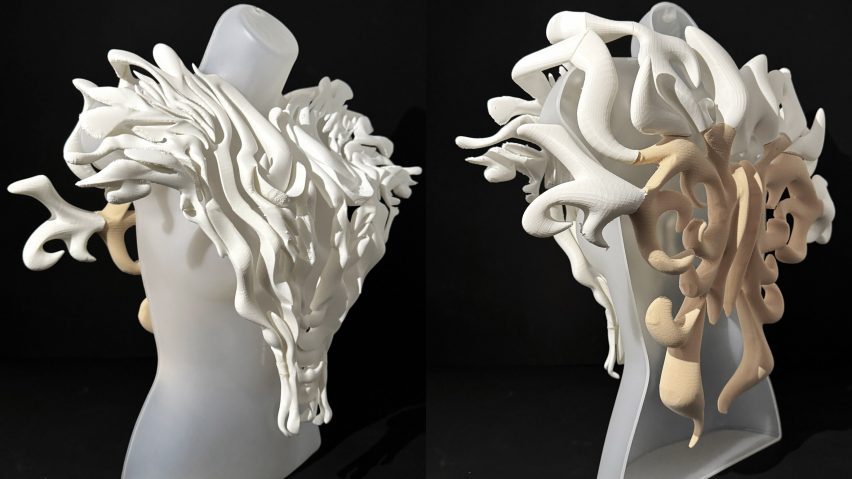 A 3D printed harness fitted onto a mannequin torso