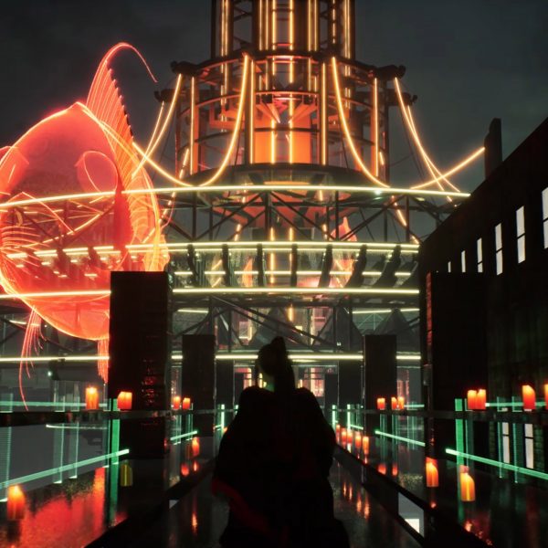 Person standing in front of structure during nighttime