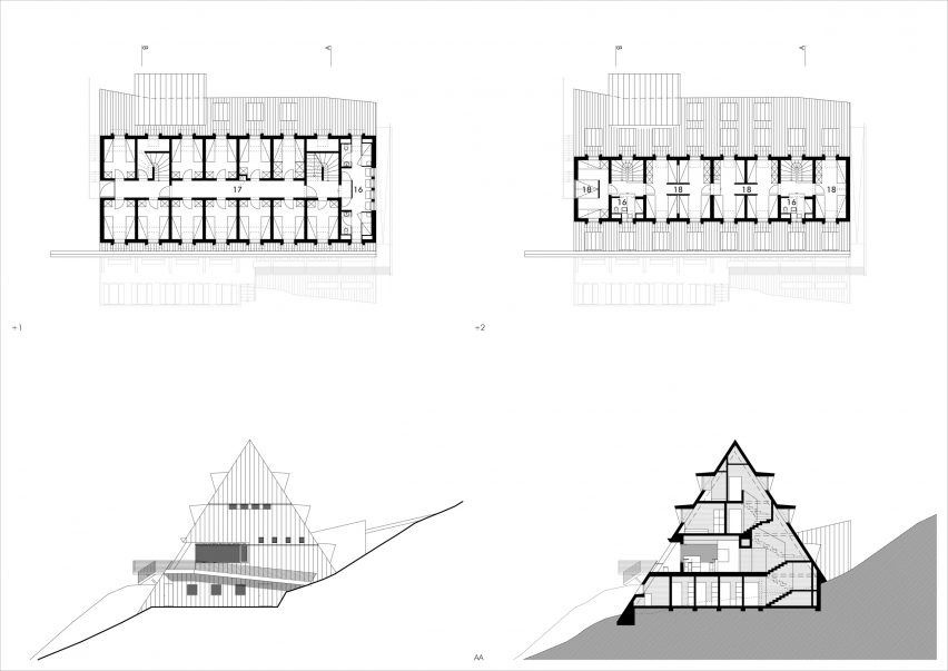 Upper floor plans, sections and elevations of The Shelter Santnerpass by Senoner Tammerle Architekten