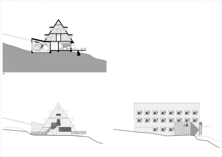 Section and elevations of The Shelter Santnerpass by Senoner Tammerle Architekten