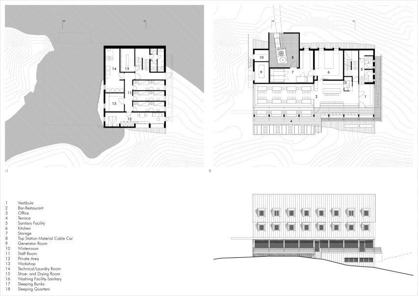 Lower floor plans and elevation of The Shelter Santnerpass by Senoner Tammerle Architekten