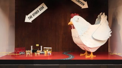 A chicken crossing the road in Selfridges' window