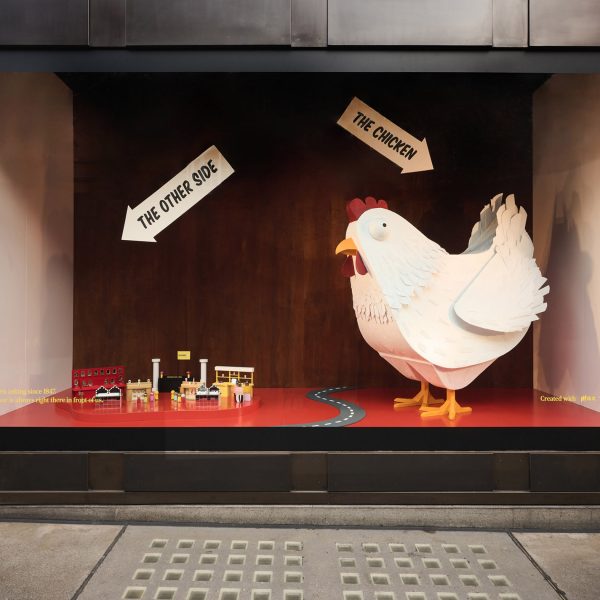A chicken crossing the road in Selfridges' window