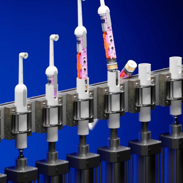 3D graphic showing a conveyer belt of electric toothbrushes being disassembled by a piston mechanism pushing their internal components out from the bottom to the top of the casing from Seymour Powell's Un-Made concept