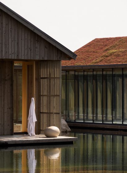 Wooden villas beside a lake
