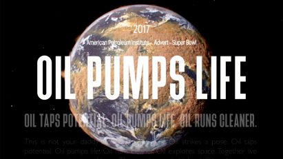 Still from Smoke and Mirrors visualisation reading 'oil pumps life'