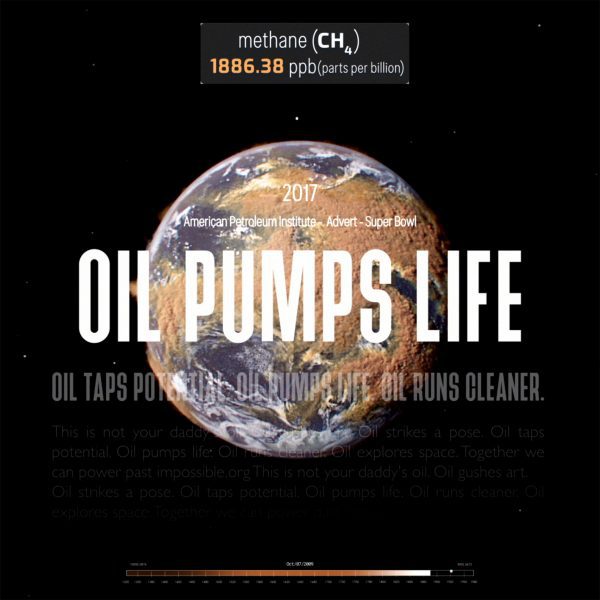 Still from Smoke and Mirrors visualisation reading 'oil pumps life'