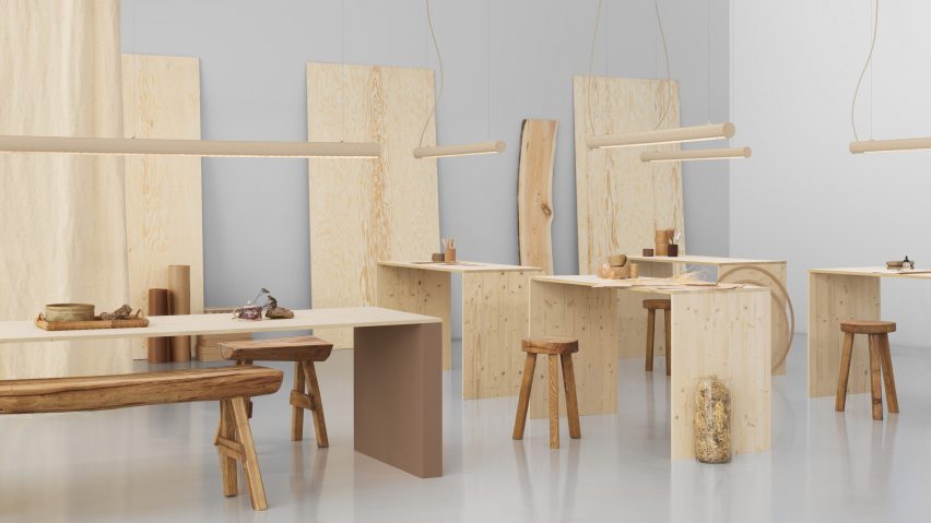 Lamp made from hemp in office with wooden furniturw