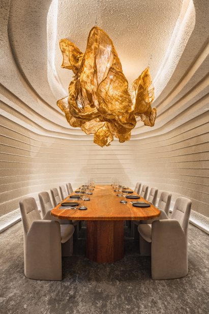 Stucco-clad private dining room