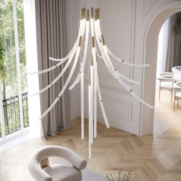 Bomma's flare light fixture hanging above a coffee table