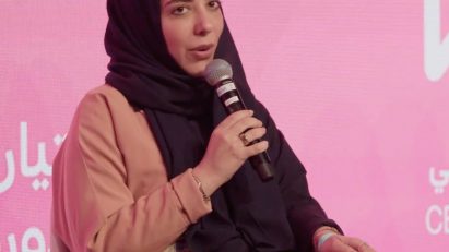 Banan Yaquby speaks on stage at the Design Doha Forum