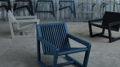 White, blue and black Ombak chairs with armrests by Sungai Design