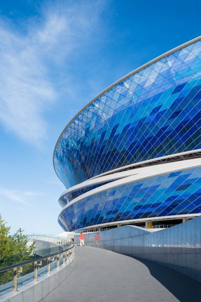 Football stadium with a geometric facade