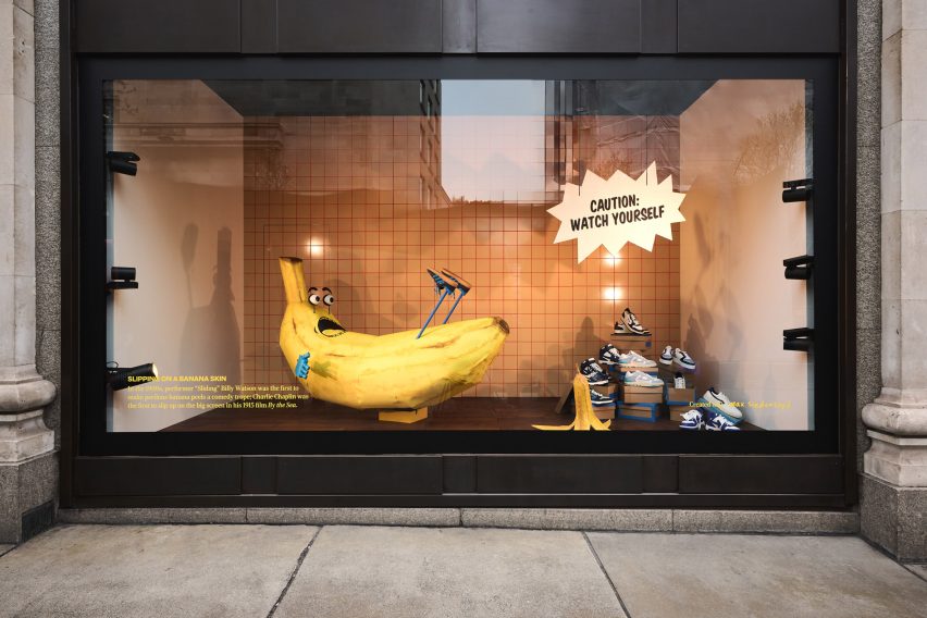 A banana slipping on a banana peel