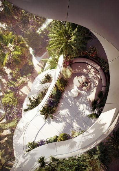 Spiraled terraces on building