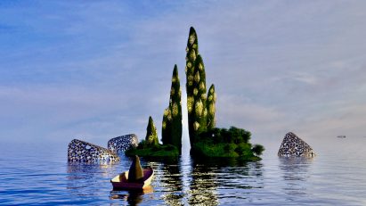 Towers covered in foliage in the sea