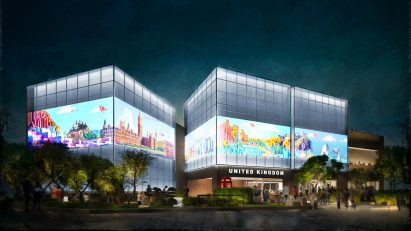 Night view of the UK Pavilion for Expo 2025 Osaka by Woo Architects