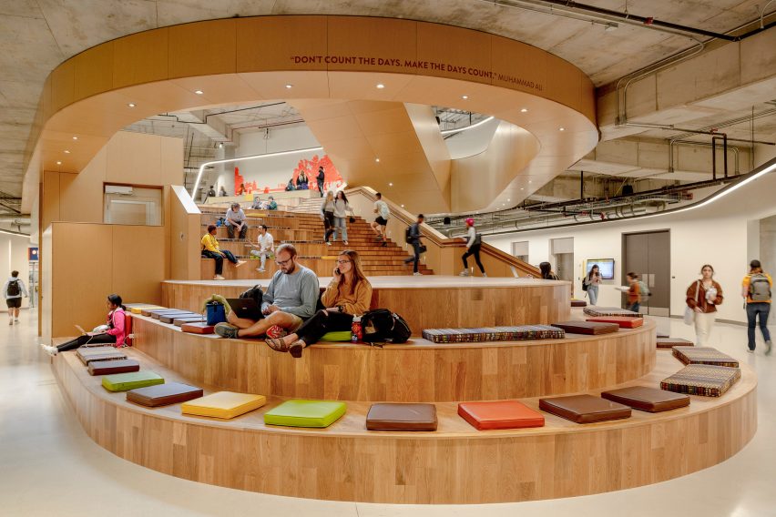 Student centre with curved wooden benches