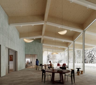 Room with wooden ceiling and large windows and openings