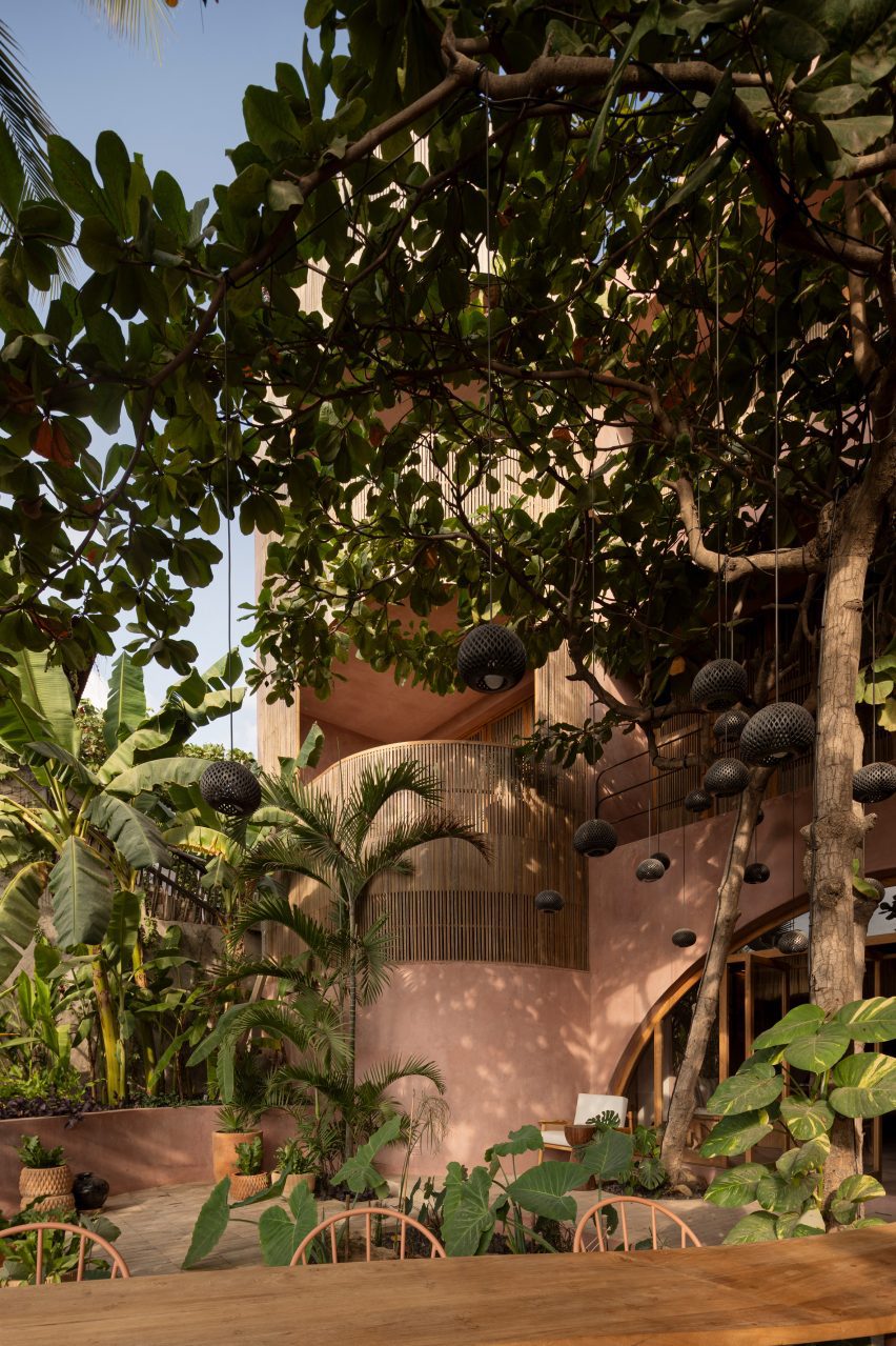 Trees and bushes surrounding hotel