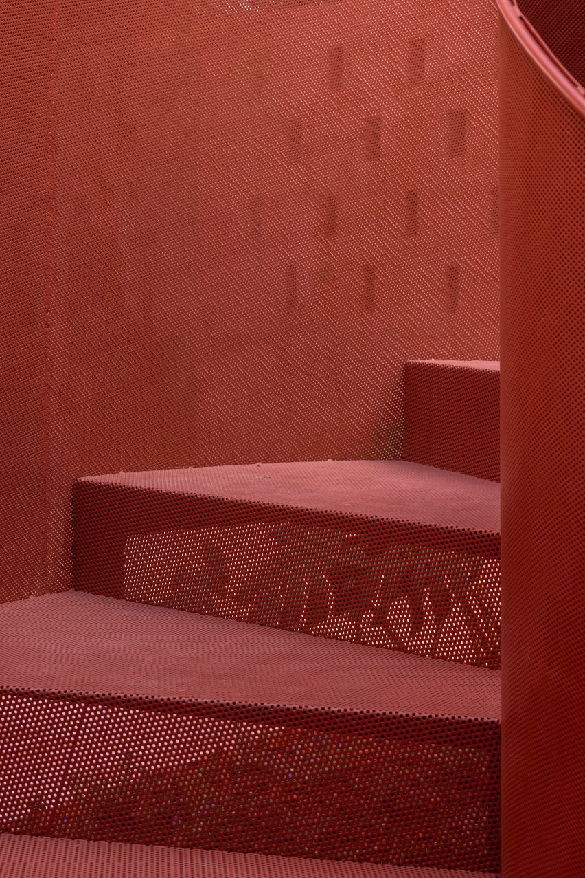 Close up of the steel staircase of the Zebun Nessa Mosque by Studio Morphogenesis in Bangladesh