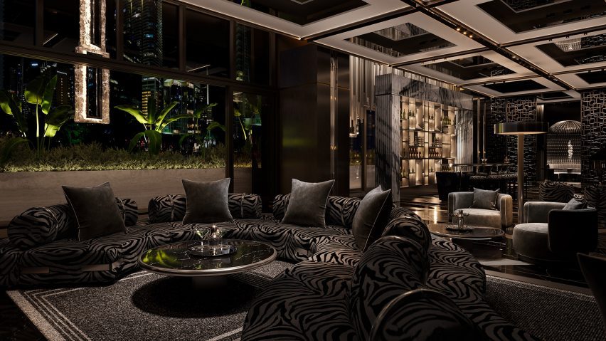A lobby with zebra couch
