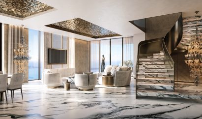 A living room in a skyscraper