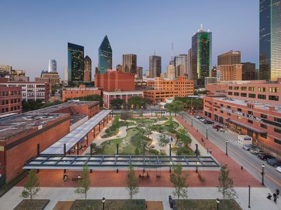 A former parking lot turned into a green open urban space
