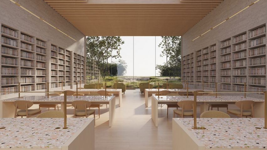Render of HBF furniture in a library
