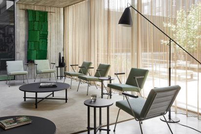 Photo of Wim Rietveld's 1401 chairs for Gispen, redesigned by Richard Hutten to have a mix of natural latex and coconut hair cushioning instead of plastic foam