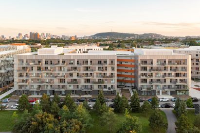 View of apartment block with Montreal in the background
