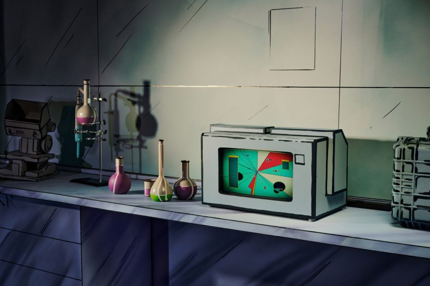 A cartoonish tv and bottles