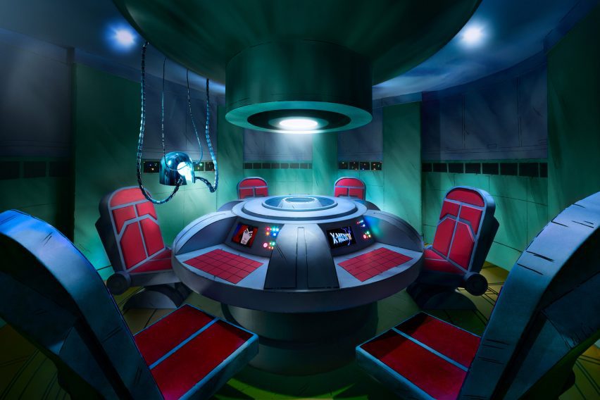 A cartoonish control room