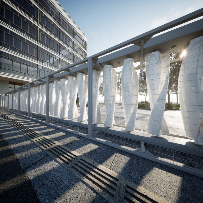 Rendering of the Airiva wind turbine beside a commercial building