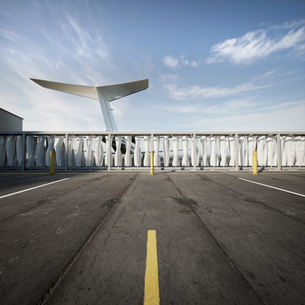 Rendering of the Airiva wind turbine on an airport tarmac, with the tail of an aeroplane visible beyond it