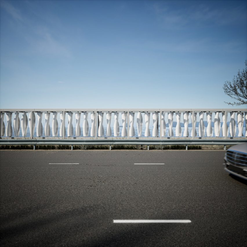 Rendering of the Airiva wind energy system showing a long line of frames contained helix-shaped turbine blades