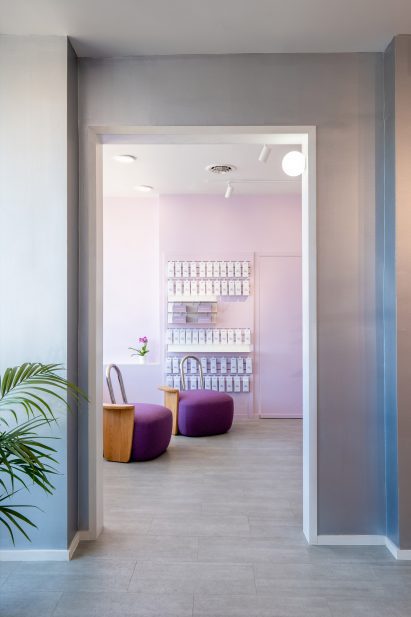 Doorway between a silver room and a mauve room