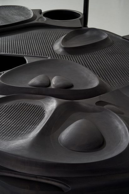 Close-up of surface texture on carved wooden table