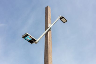 Street light made from salvaged scaffolding poles