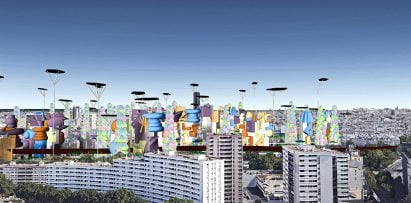 Cityscape with colourful added structures