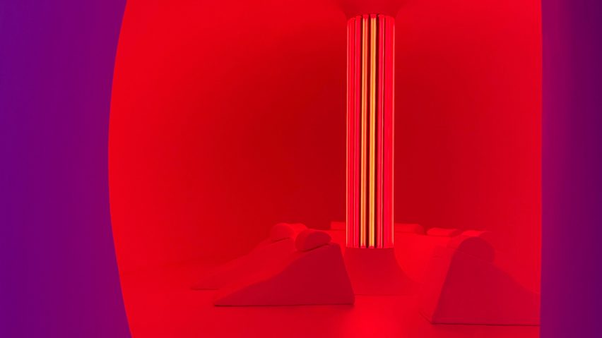 Purple and red illuminated interior with red seats