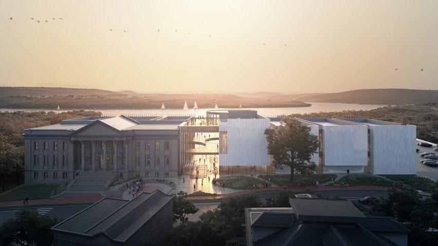 Museum with modern wing with sun going down