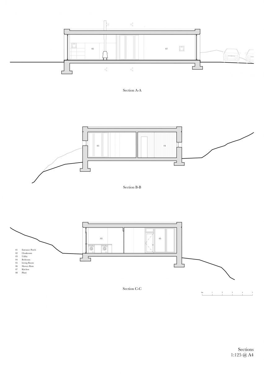 Section drawings of Caochan na Creige house in Scotland by Izat Arundell