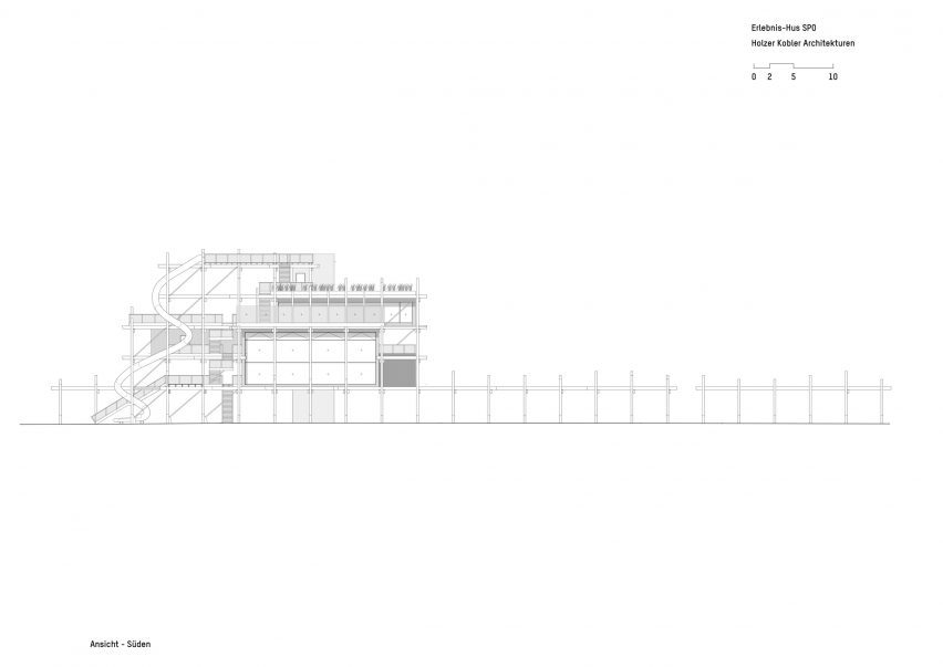 Elevation drawing of Erlebnis-Hus by Holzer Kobler Architekturen